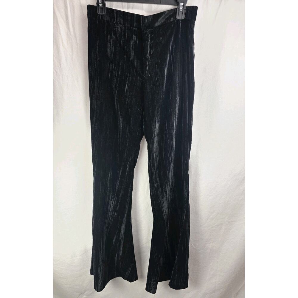 Zara Women's Med Black Crushed Velvet High Rise Wide Flared Leg Trousers Pants
